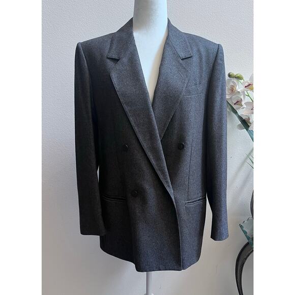 Vintage Harve Benard 100% Wool Double Breasted Blazer Striped Gray Women's 14 - Picture 1 of 9